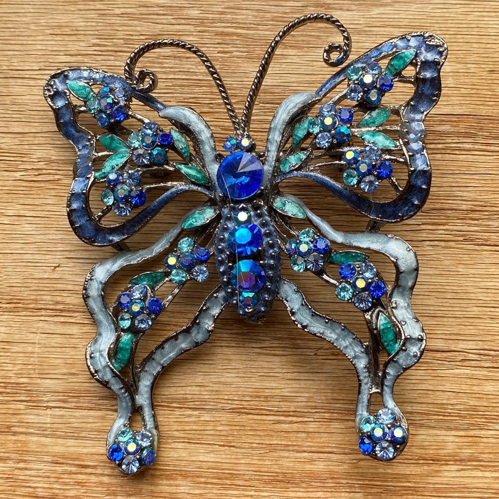 Large 3" Blue and Green Sparkling ButterflyBrooch